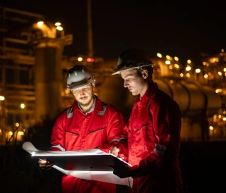 engineer-survey-team-wear-uniform-helmet-stand-workplace-checking-blueprint-project-radio-communication